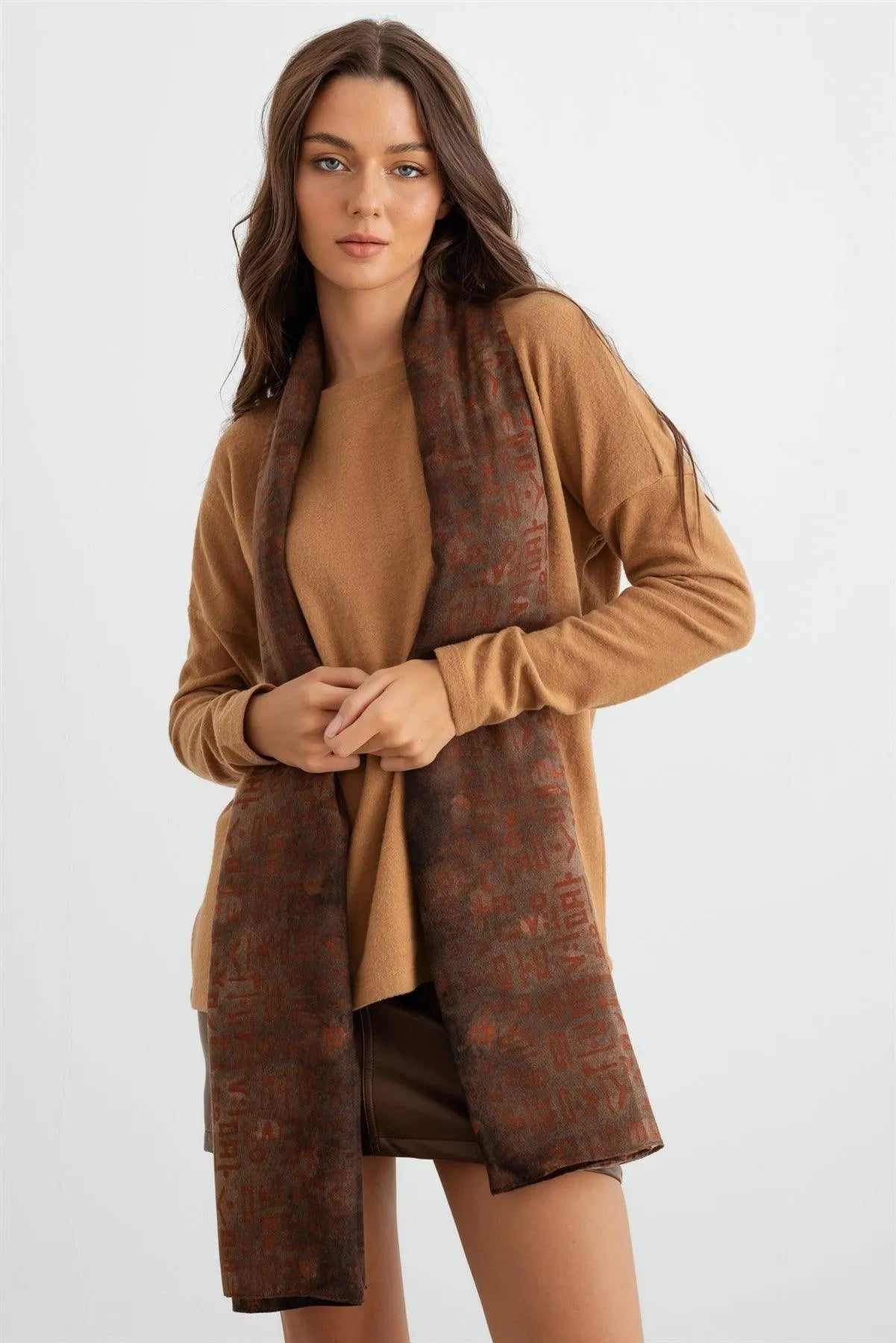 Brown Hangul Design Korean Languages Wrap Long Shawl Scarf